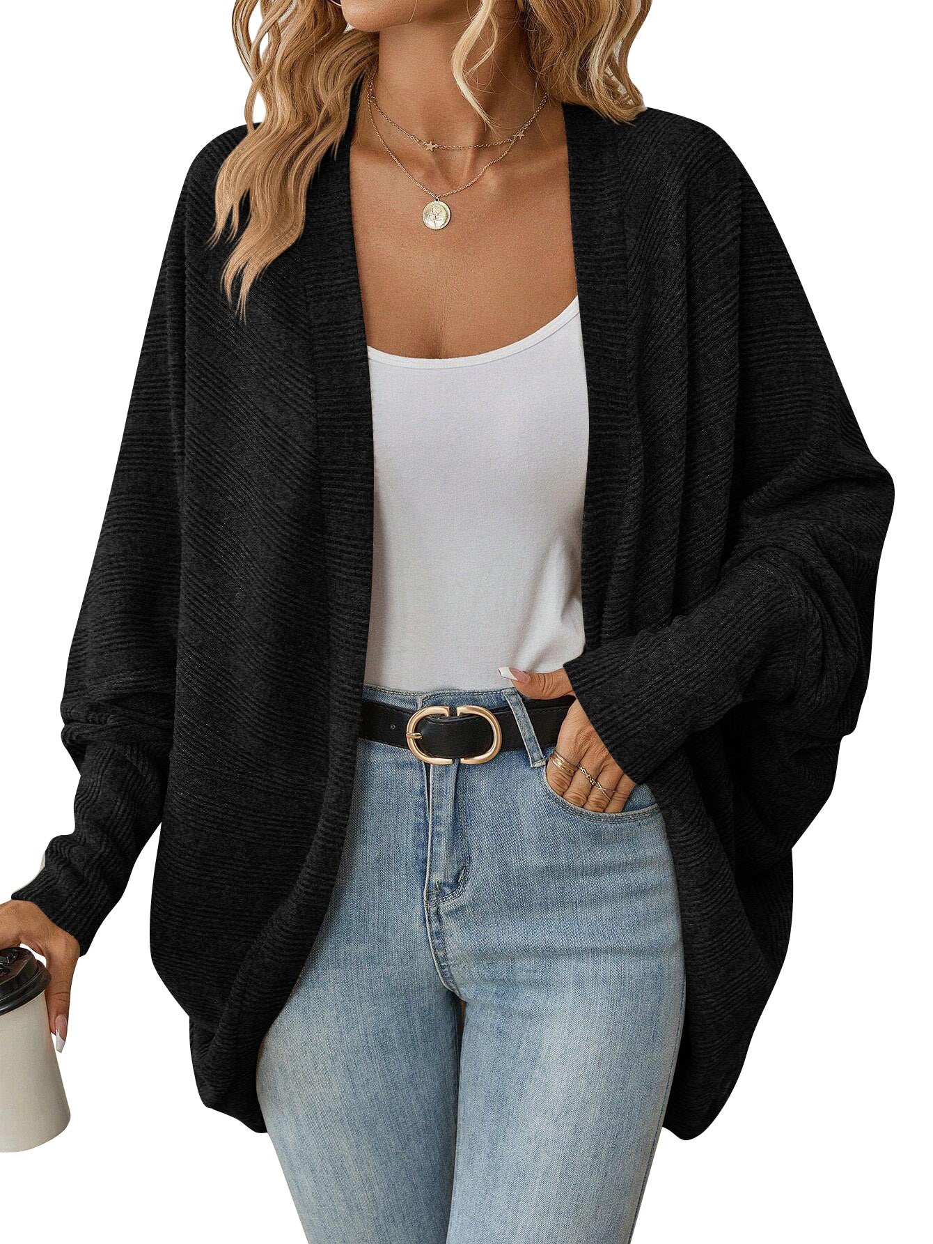 Wholesale Polyester Autumn Winter Women Fashion Bat Sleeve Cardigan Loose Knitted Jacket
